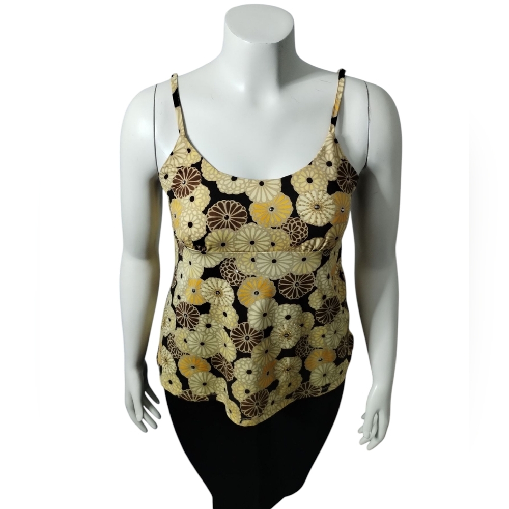Y2K Vtg I.N.C Womens Medium Beaded Floral Babydoll Empire Cami Retro Hippie Tank